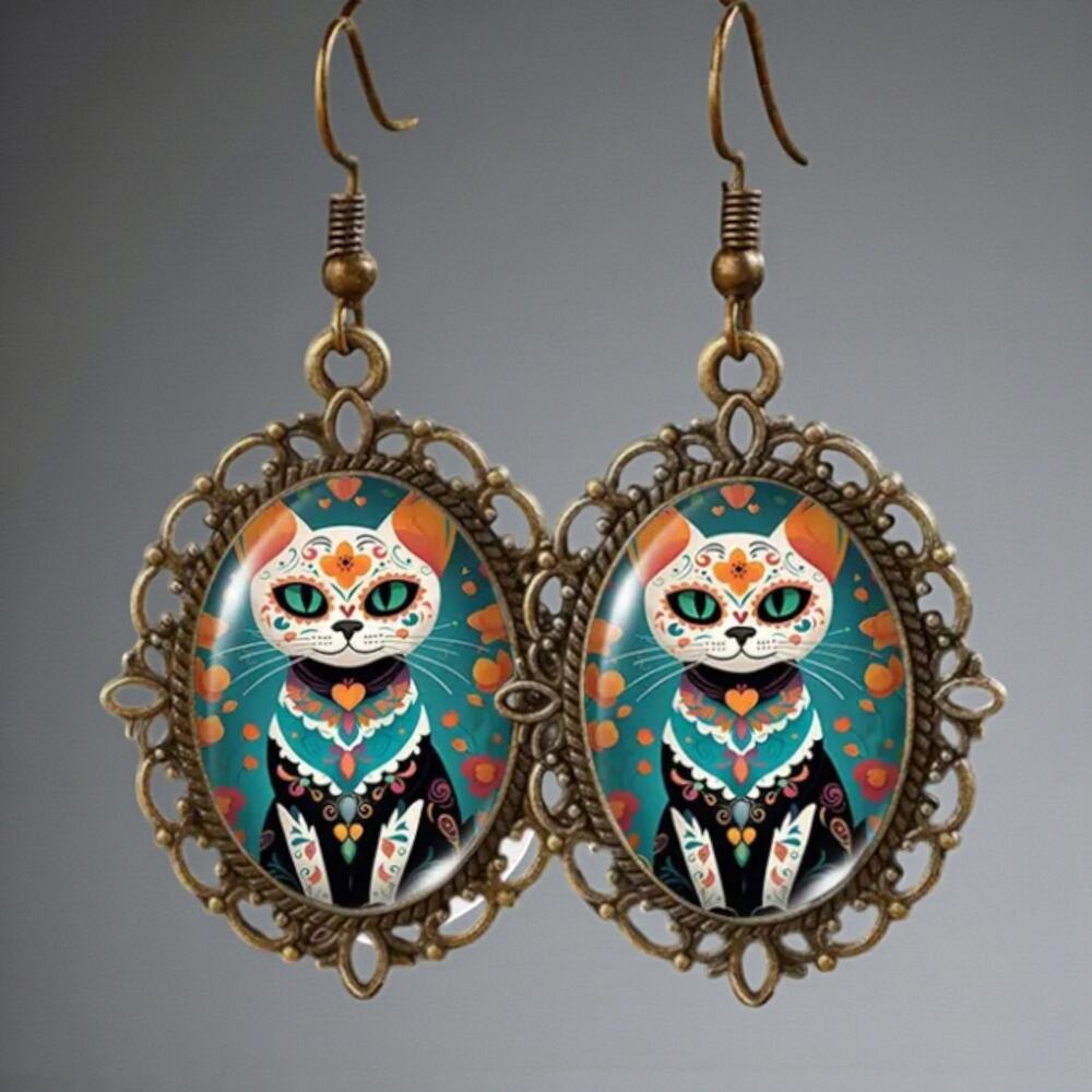 Colorful Floral Cat Earrings | Teal, Orange, Red & Gold Enamel | Unique